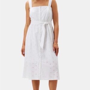 Amour Vert NWT White Button Up Square Neck Midi Dress with Eyelet Design L